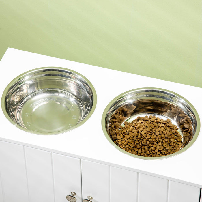 Large Elevated Dog Bowls with Storage Cabinet Containing Large 44L Capacity, Raised Dog Bowl Stand Pet Food Bowl Dog Feeding Station, White
