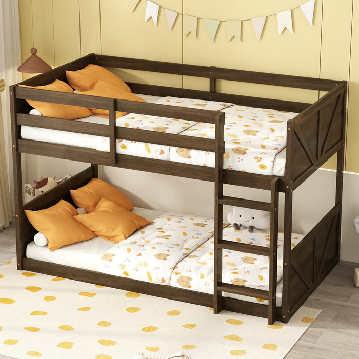 Twin over Twin Floor Bunk Bed with Panelled Headboard and Footboard, Solid Rubber Wood Foundation with Safety Guardrails, Built-in ladder,Antique Oak - DTYStore