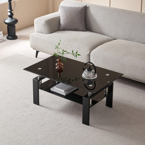 Modern Tempered Black Glass Coffee Table with 2-Layers and Waterfall Edges for Living Room - Image 4