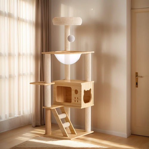 48.8' Modern Cat Tower, Wood Cat Tree Tower for Indoor Cats, Cat Tree with Sisal-Covered Scratching Posts and Top Perch, Cat Condo with Acrylic Hammock for Small Large Cats - Image 7