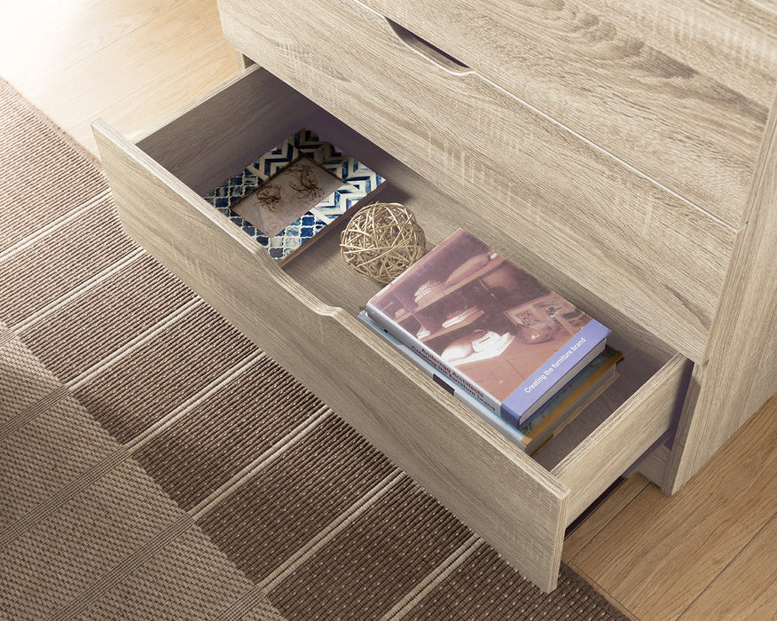 Five drawer clothes and storage chest cabinet in weathered white natural color unfinished faux wood grain and metal glides