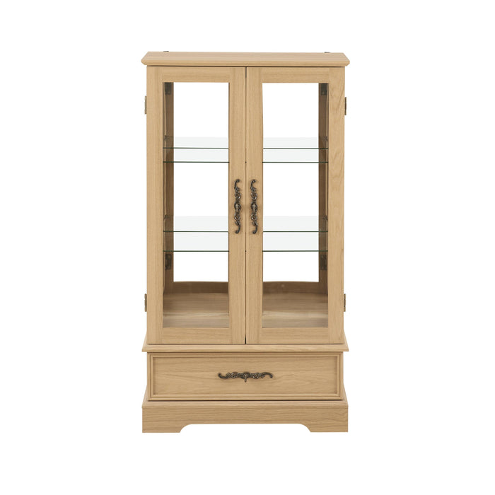 Glass Cabinet Lighted Glass Cabinet Curio Display Cabinet with Adjustable Glass Shelves 2 Doors and 1 drawer Cabinet Bulb Included OAK - DTYStore