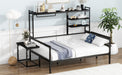 Full size Metal Daybed with Movable Desk, Metal Grid, Shelves and Clothes Hanger, Black - DTYStore