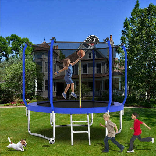 8FT Trampoline with Basketball Hoop, ASTM Approved Reinforced Type Outdoor Trampoline with Enclosure Net Default -DTYStore