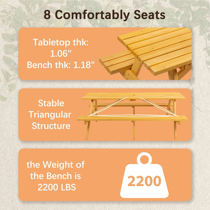 8 Person Brown Wooden Picnic Table, Outdoor Camping Dining Table with 2 Seats, Garden, DIY with 2 Built-in Benches, 2220lb Capacity Default -DTYStore