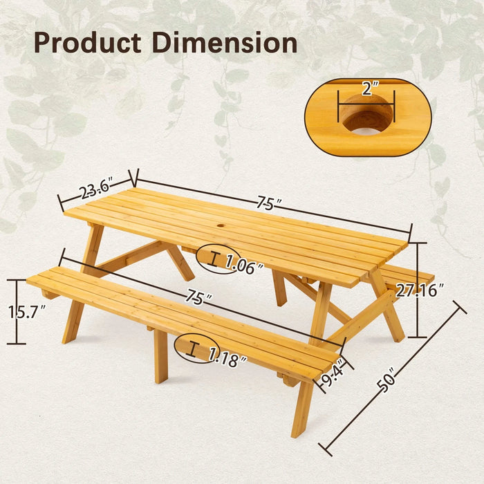 8 Person Brown Wooden Picnic Table, Outdoor Camping Dining Table with 2 Seats, Garden, DIY with 2 Built-in Benches, 2220lb Capacity Default -DTYStore
