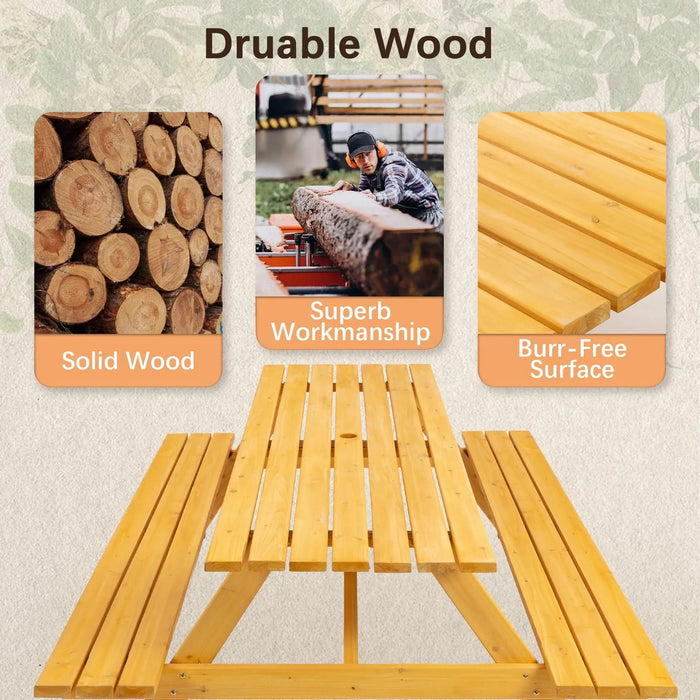 8 Person Brown Wooden Picnic Table, Outdoor Camping Dining Table with 2 Seats, Garden, DIY with 2 Built-in Benches, 2220lb Capacity Default -DTYStore