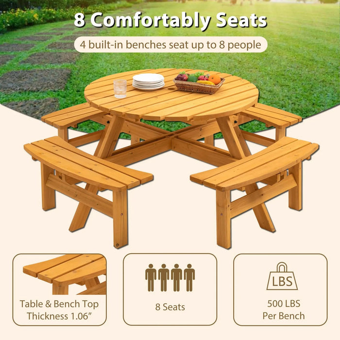 8 Person Wooden Picnic Table, Outdoor Camping Dining Table with Seat, Garden, DIY w/ 4 Built-in Benches, 2220lb Capacity - Natural Default -DTYStore