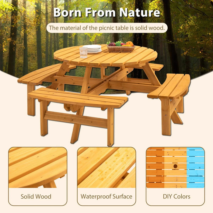 8 Person Wooden Picnic Table, Outdoor Camping Dining Table with Seat, Garden, DIY w/ 4 Built-in Benches, 2220lb Capacity - Natural Default -DTYStore