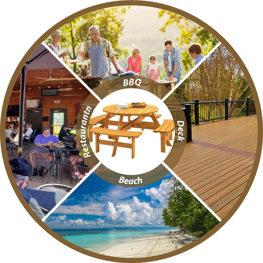 8 Person Wooden Picnic Table, Outdoor Camping Dining Table with Seat, Garden, DIY w/ 4 Built-in Benches, 2220lb Capacity - Natural Default -DTYStore