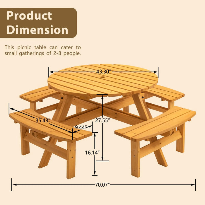 8 Person Wooden Picnic Table, Outdoor Camping Dining Table with Seat, Garden, DIY w/ 4 Built-in Benches, 2220lb Capacity - Natural Default -DTYStore