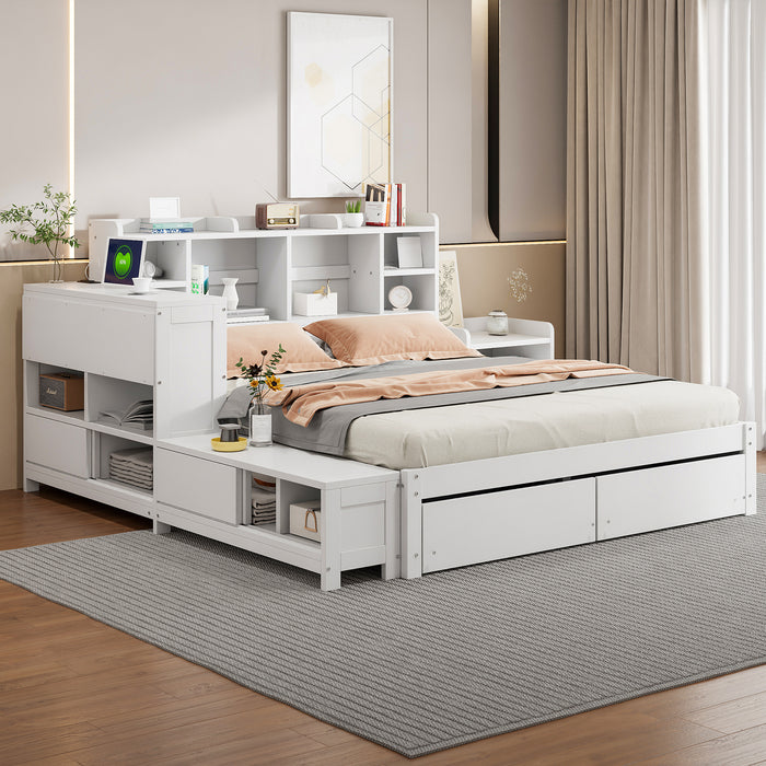 Full Size Wooden platform bed with Multi-functional Storage Space, Nightstand, 2 Drawers, USB Ports and Desk, White