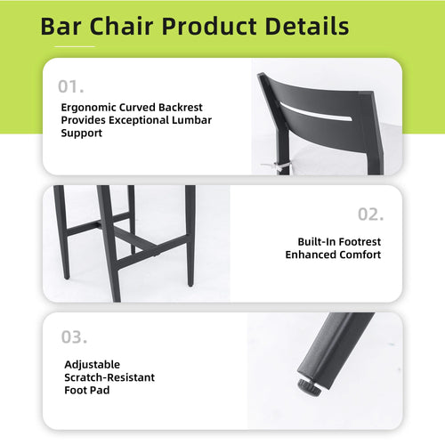 Modern Outdoor Bar Stools Set of 2, Aluminum Patio Chairs with Backrest and Footrest, Weather-Resistant, Ember Black, Sunbrella Cushions - Image 8