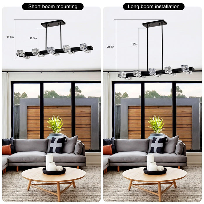 Rectangle Chandelier for Dining Room, 8-Light Black Farmhouse Linear Pendant Light Fixture, Modern Crystal Hanging Lighting Chandelier for Lobby, Kitchen, Bedroom, Living Room, Conference Room, Home