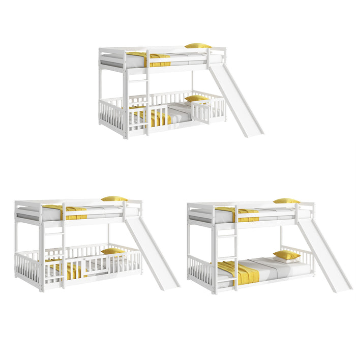 Twin Over Twin Floor Bunk Bed with Slide, Ladder, Door, Safety Guardrails, Solid Pine Wood Bunk Bed ,White