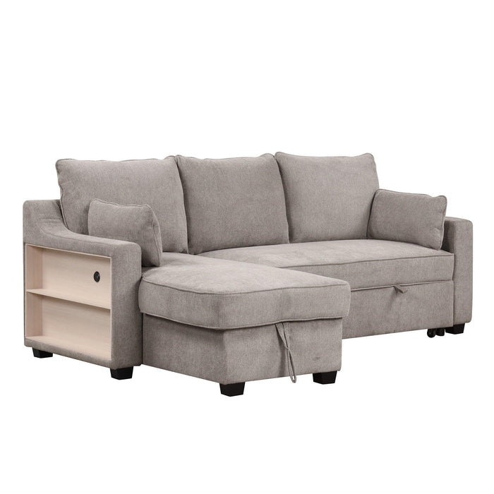 90" Pull Out Sleeper Sofa L-Shaped Couch Convertible Sofa Bed with Storage Chaise, Storage Racks and USB Ports, Light Brown - DTYStore