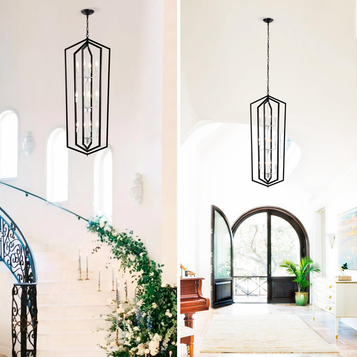 12-Light Farmhouse Kitchen Chandeliers, Matte Black and Sliver Vintage Rustic Cage Light Fixture Adjustable Height Chandeliers for Dining Room Hallway Foyer Entryway(E12 Bulbs Not Included)