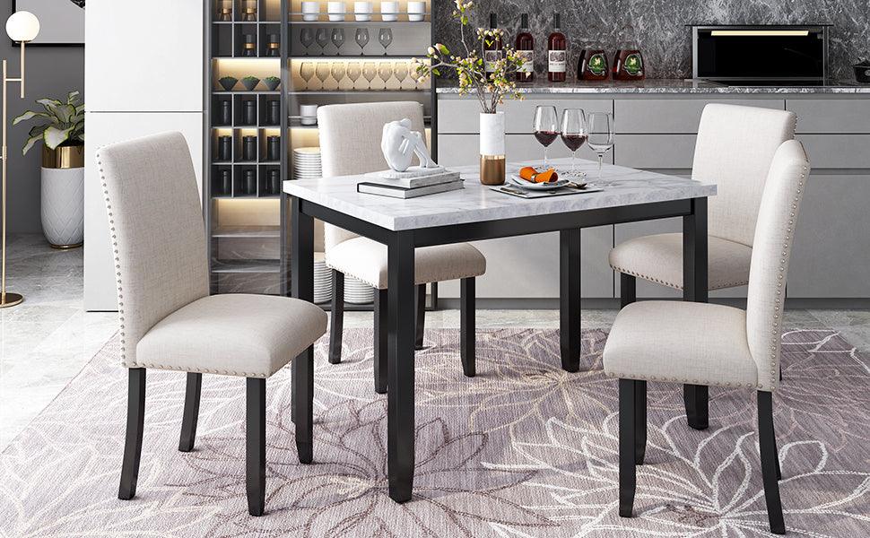 Faux Marble 5-Piece Dining Set Table with 4 Thicken Cushion Dining Chairs Home Furniture, White/Beige+Black - DTYStore