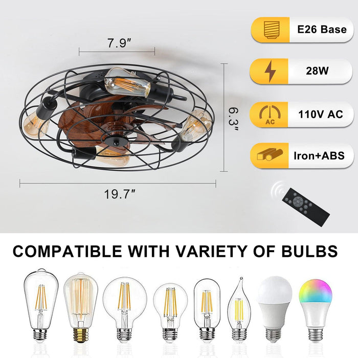 Caged Ceiling Fan With Light, 20'' farmhouse Low Profile Ceiling fan Lights With Remote Control, Modern Enclosed 4x E26 Bulb Ceiling Fans With Reversible Motor Living Room Bedroom Kitchen, Black - DTYStore