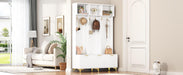 Modern Large Storage Hall Tree with Bench, Multi-functional Storage Bench with High Gloss Fluted Doors, Luxurious Coat Rack with 6 Gold Hooks and Legs for Entryway, Living Room, White - DTYStore