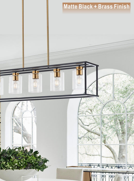 5-Lights Industrial Farmhouse Style Hanging Decorative Rectangle Pendant Lights, Black Antique Brass With Clear Glass Shade, Dining Room Kitchen Island Chandelier - DTYStore
