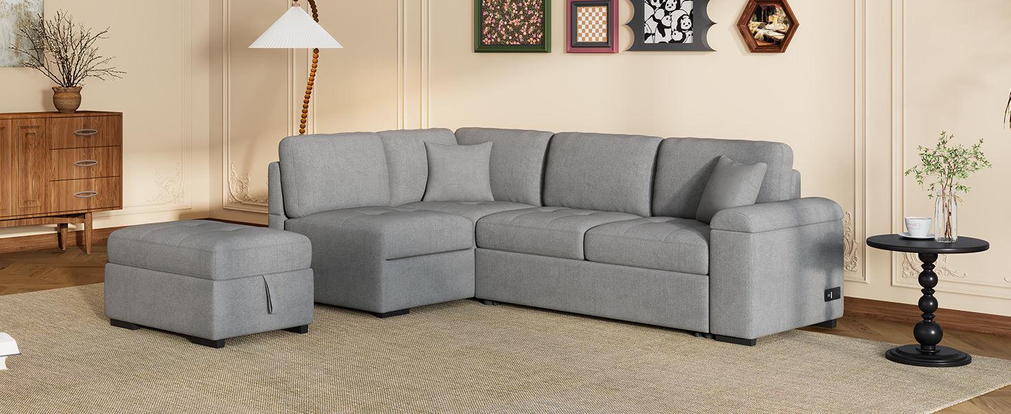 Sleeper Sectional Sofa, L-Shape Corner Couch Sofa-Bed with Storage Ottoman & Hidden Arm Storage & USB Charge for Living Room Apartment, Gray - DTYStore