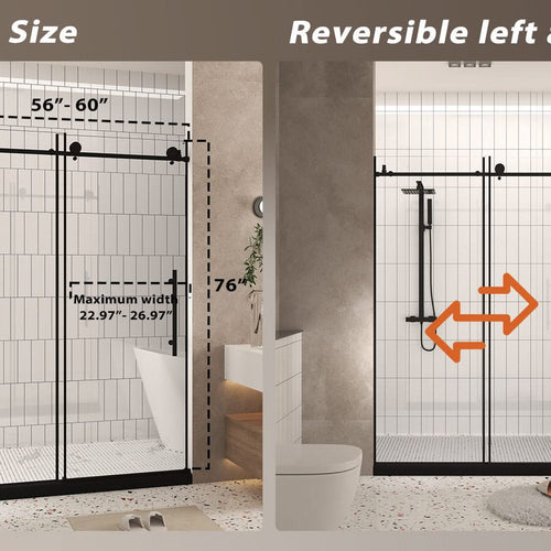 Frameless shower door 56-60 'W x 76' H, 1/4 '(6 mm) Clear Tempered Glass, Explosion Proof Film, Stainless Steel Handle, Matte Black - Image 23