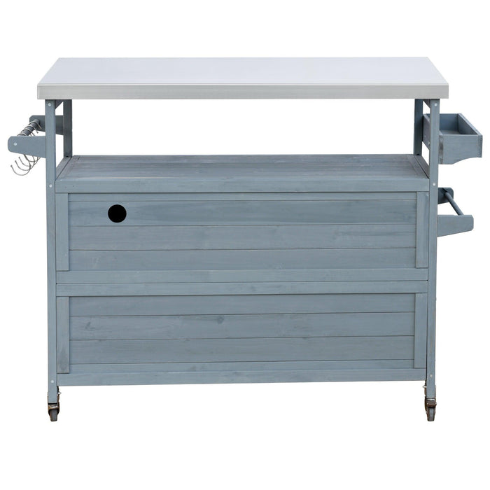 Outdoor Kitchen Island, Rolling Bar Cart & Storage Cabinet, Farmhouse Solid Wood Outdoor Grill Table with Stainless Steel Top, Spice Rack , Towel Rack for Kitchen & BBQ , Grey Blue - DTYStore