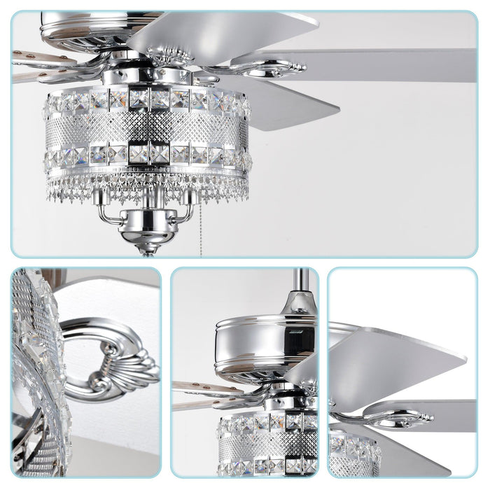 52'' Classical Crystal Ceiling Fan Lamp 5 Reversible Blades for Living Room, Dining Room, Bedroom, Family Room, Chrome (Hand Pull Chain) - DTYStore