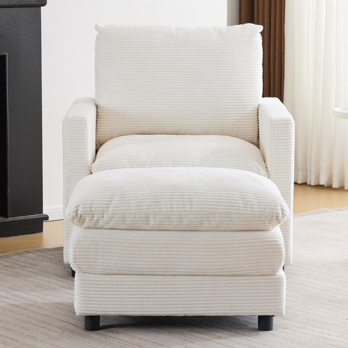 Upholstered Corduroy Armchair with Ottoman, Oversized Sleeper Chair for Bedroom, Living Room, Office (Beige)