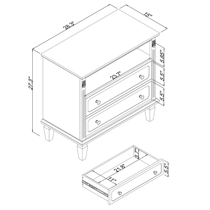 Open Space and 2 Drawers Dresser Nightstand with Charging Station, Farmhouse End Table with USB Ports and Outlets, Fluted Pilasters Design Side Table with Solid Wood Legs for Bedroom
