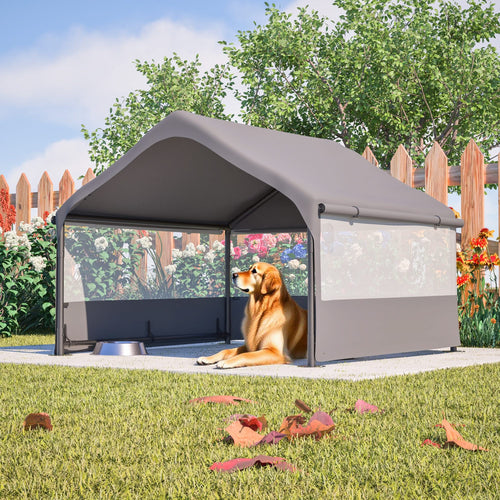 Extra Large Outdoor Dog House Tent with 3-Sided Mesh Windows, Breathable Sun Rain Cover Pet Shelter with Canopy and Ground Stakes for Dogs, Cats, Livestock – 4' x 4' x 3.3', Gray - Image 9
