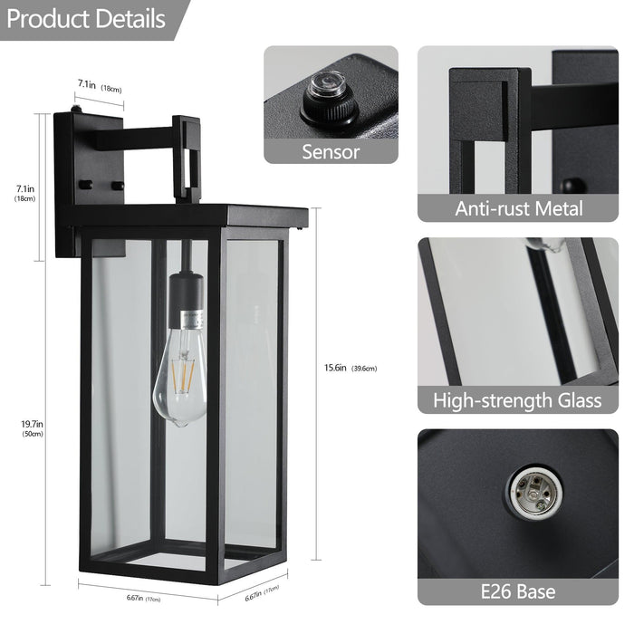 Set of 2 Modern Outdoor Wall Lanterns with Black Metal Frame and Clear Glass, Ambient light sensors,Weatherproof Wall Sconces for Porch, Garage, or Entryway Lighting, E26 Bulb Compatible - DTYStore