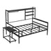 Full size Metal Daybed with Movable Desk, Metal Grid, Shelves and Clothes Hanger, Black - DTYStore