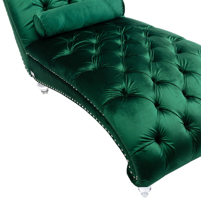 COOMORE Velvet Chaise Lounge Indoor,Button-Tufted Upholstered Chaise Lounge Chair with Pillow for Bedroom Living Room Office (Emerald Velvet) - DTYStore