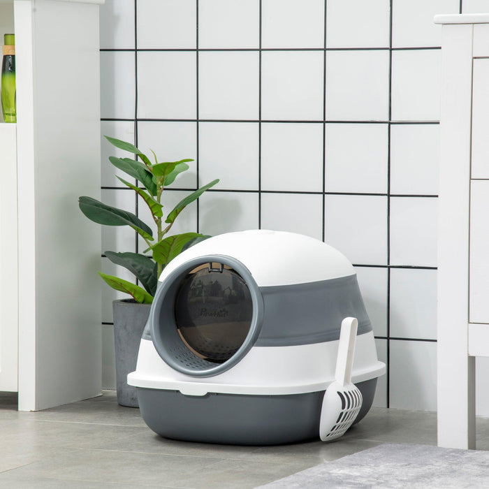 Cat Litter Box with Lid, Covered Litter Box w/ High Sides, Air Freshener, Large Two-Way Entrance Kitty Litter Box, Foldable, Easy Clean, White, and Gray