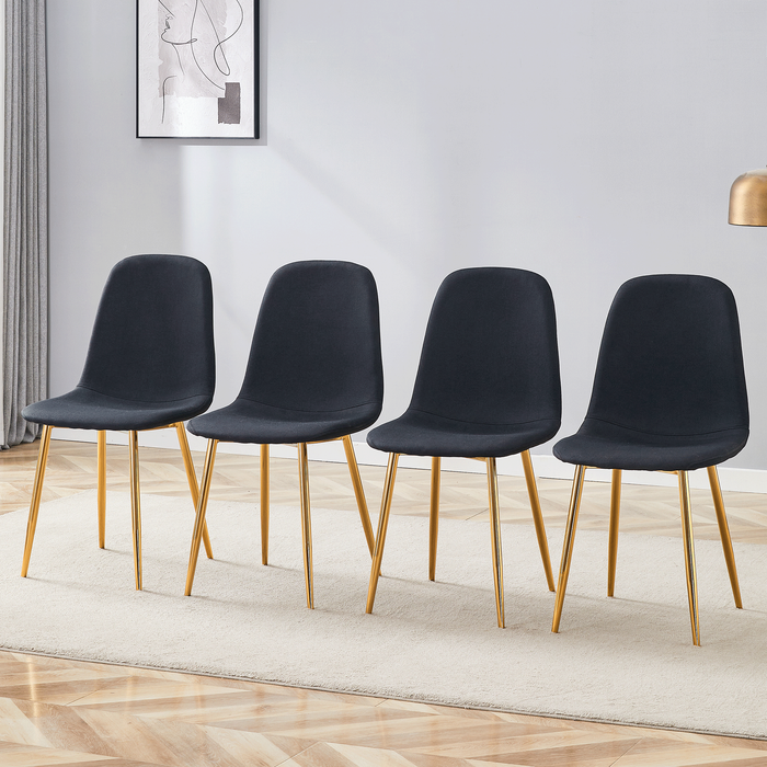 Luxury Simple Chair - Set of 4 BLACK Linen-Cotton Material High Resilience Dining Chair with Metal Golden Leg.Integral metal leg architecture,Suitable for various interior decoration styles. - DTYStore
