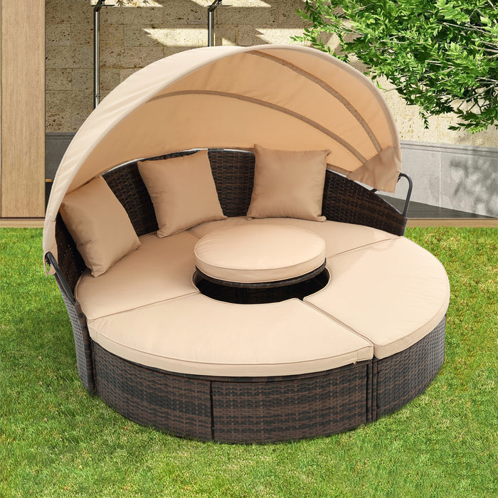 Hot Sale KD Rattan Round Lounge With Canopy Bali Canopy Bed Outdoor, Wicker Outdoor Sofa Bed with lift coffee table - DTYStore