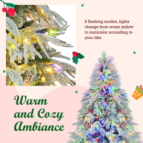 Pre-Lit Spruce Snow Flocked Christmas Tree Set-4FT, 6FT, 7.5FT, Artificial Hinged Xmas Tree with 800 Warm-Yellow & Colorful LED Lights, 8 Flashing Modes, Holiday Office Home Décor - Image 7