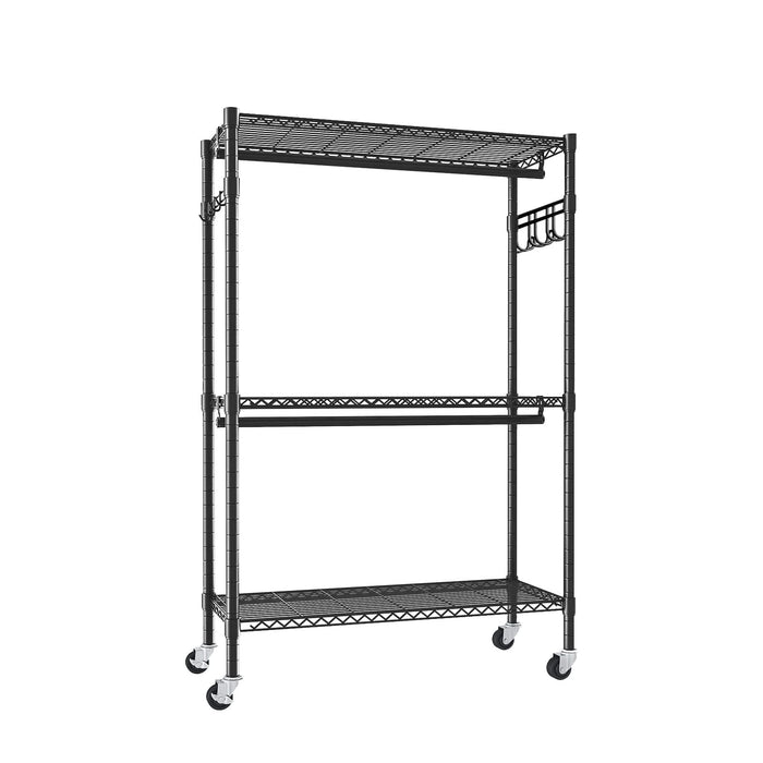 Heavy Duty Rolling Clothes Rack with 3 Tier Shelves, 2 Rails & Side Hooks, Adjustable Freestanding Organizer, Black Metal