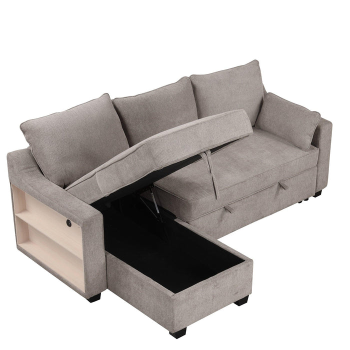 90" Pull Out Sleeper Sofa L-Shaped Couch Convertible Sofa Bed with Storage Chaise, Storage Racks and USB Ports, Light Brown - DTYStore