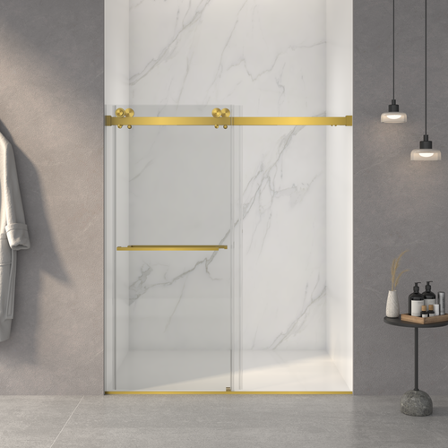 56-60'W x 70'H Frameless Double Sliding Shower Door,5/16' (8mm) Thick SGCC Tempered Clear Glass,Double Side Easy Clean Coat,Brushed Gold Finished With Buffer - Image 2