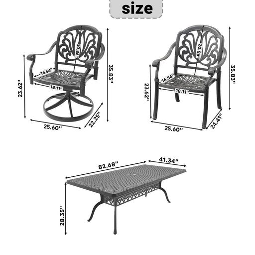 9-Piece All-Weather Cast Aluminum Dining Set, Include 2 Swivel Chairs,6 Dining Chairs and Rectangular Table With Black Frame Default -DTYStore