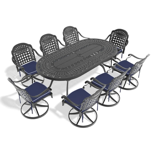 9-Piece All-Weather Cast Aluminum Dining Set, Include 8 Swivel Chairs and Oval Table With Black Frame Default -DTYStore