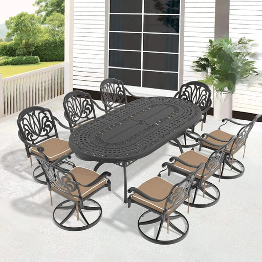 9-Piece All-Weather Cast Aluminum Dining Set, Include 8 Swivel Chairs and Oval Table With Black Frame Default -DTYStore