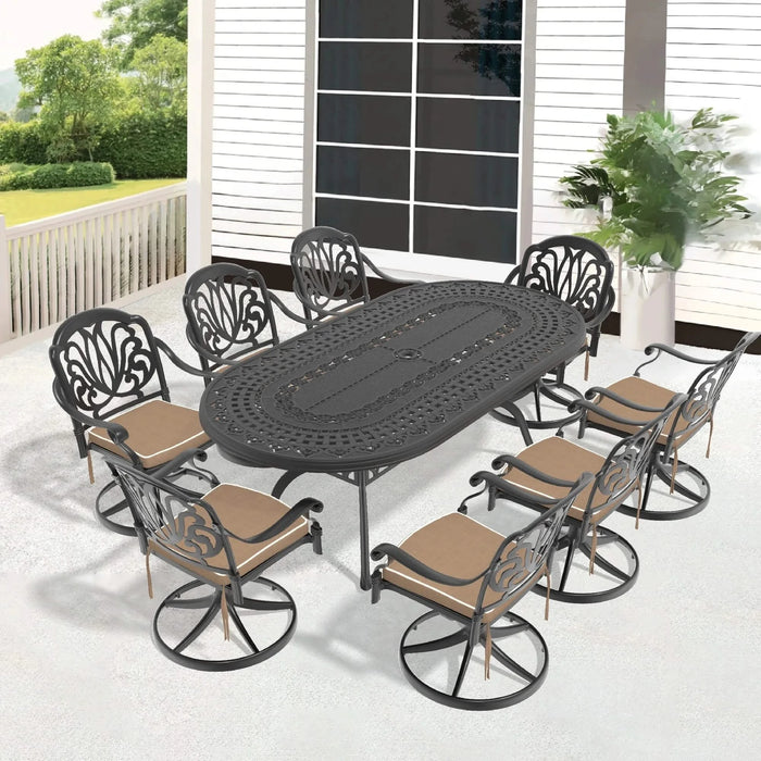 9-Piece All-Weather Cast Aluminum Dining Set, Include 8 Swivel Chairs and Oval Table With Black Frame Default -DTYStore