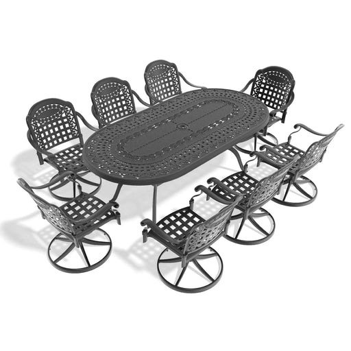 9-Piece All-Weather Cast Aluminum Dining Set, Include 8 Swivel Chairs and Oval Table With Black Frame Default -DTYStore
