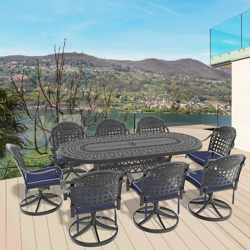 9-Piece All-Weather Cast Aluminum Dining Set, Include 8 Swivel Chairs and Oval Table With Black Frame Default -DTYStore