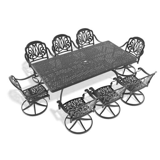 9-Piece All-Weather Cast Aluminum Dining Set, Include 8 Swivel Chairs and Rectangular Table With Black Frame Default -DTYStore