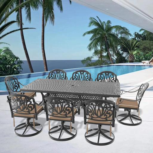 9-Piece All-Weather Cast Aluminum Dining Set, Include 8 Swivel Chairs and Rectangular Table With Black Frame Default -DTYStore